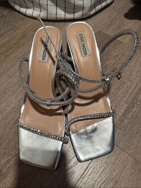 Steve Madden Silver Rhinestone Ankle-Strap Square-Toe Heels